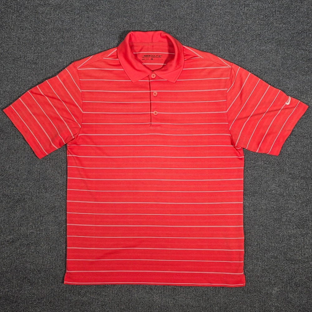 Nike Golf Dri-FIT Polo Shirt Mens SM Coral White Striped Short Sleeve 358325-697
